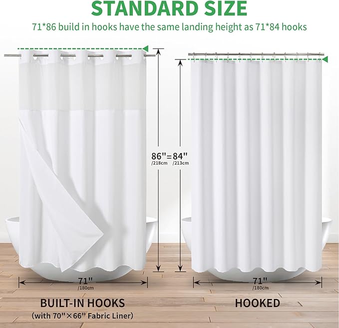 Extra Long No Hooks Needed Linen Textured Shower Curtain with Snap-in Fabric Liner Set,White Hotel Luxury Decor Shower Curtains for Bathroom,Waterproof & Washable,71Wx86H