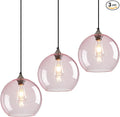 Pink Glass Pendant Lights Kitchen Island Globe Pendant Light Fixtures Modern Pendant Lighting for Bedroom Living Dining Room Light Fixture (9.84 in, 3 Pack)