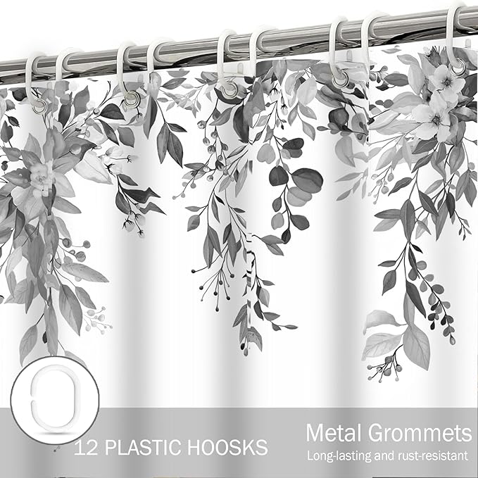 Eucalyptus Shower Curtain, Grey Watercolor Leaves with Floral Botanical Bathroom Decor, Waterproof Fabric Bath Curtain Set with Hooks, 72x84 Inches
