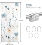 QiyI Small Stall Shower Curtain 36 x 72, Narrow Half Watercolor Floral Bath Curtain, 3D Embossed Blue Beige Flower Cloth Bathroom Curtain, Waterproof Fabric White Shower Curtain Set with Hooks