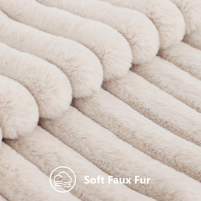 decorUhome Faux Fur Throw Pillow Covers 22x22 Set of 2, Decorative Soft Plush Striped Neutral Couch Euro Pillow Covers with Velvet Back for Sofa, Bed, Living Room Home Decor, Beige