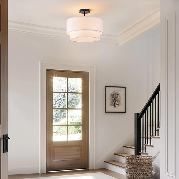 3-Light Semi Flush Mount Ceiling Light Fixture, 16 inch Drum Light Fixture with 2-Layer White Drum Fabric Shade, Entryway Ceiling Light Fixtures for Bedroom Dining Room