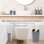 Grey Bathroom Accessories Set 17PCS Bathroom Set with Trash Can 3PCS Lotion Soap Dispenser, Toothbrush Holder, Soap Dish,Tumbler Cup,6PCS Wood Tags Bath Accessories with Tray for Bathroom