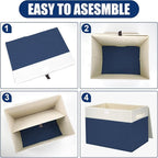 Large 17" 42 Quarts Collapsible Stackable Storage Bins with Lids [3-Pack] Foldable Fabric Linen Storage Boxes Cube, Closet Organizer Baskets with Label for Home (16.7 x 12 x 12", Navy Blue & White)