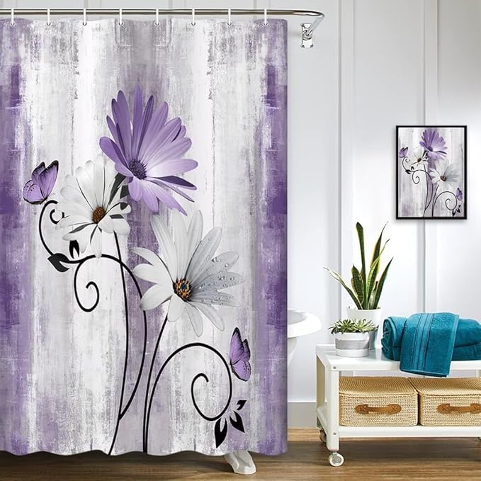 Rustic Farmhouse Shower Curtain, Farm Purple Daisy Floral Flowers and Butterfly on Country Wooden Shower Curtain for Bathroom, Violet Grey Bathroom Shower Curtains with 8PCS Hooks, 47X64IN
