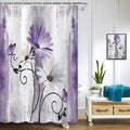 Rustic Farmhouse Shower Curtain, Farm Purple Daisy Floral Flowers and Butterfly on Country Wooden Shower Curtain for Bathroom, Violet Grey Bathroom Shower Curtains with 8PCS Hooks, 47X64IN