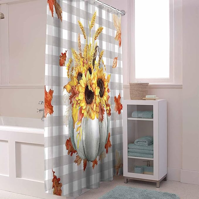 Vandarllin Fall Pumpkins Leaves Shower Curtain, Thanksgiving Shower Curtains Set with Hooks, Rustic Farmhouse Gray Buffalo Plaid Waterproof Fabric Bathroom Decor Home Accessories,Stall 36 X 72 Inch