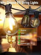 luckystyle 50FT LED Outdoor String Lights with Remote,16+ 1 Shatterproof Bulbs Waterproof and Dimmable Patio Lights for Porch, Garden, Backyard, Deck, Balcony, 2700K, Hanging Lighting