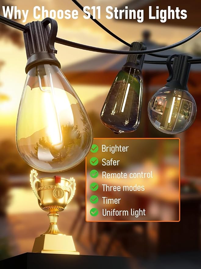 luckystyle 50FT LED Outdoor String Lights with Remote,16+ 1 Shatterproof Bulbs Waterproof and Dimmable Patio Lights for Porch, Garden, Backyard, Deck, Balcony, 2700K, Hanging Lighting