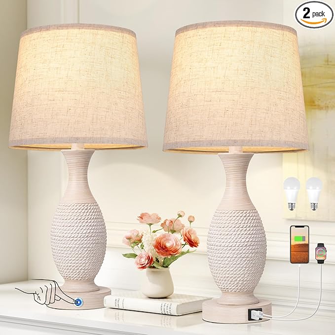 Seealle 22.6" Bedside Lamps Set of 2 with USB C+A - Dimmable Touch Lamps for Night Stands Bedroom Living Room End Table(Bulbs Included)