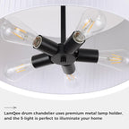 LamQee Modern Large Drum Chandelier, 2-Tire 23.6inch Ceiling Hanging Light Fixture 5-Light Black Semi Flush Mount Pendant Light for Dining Room Living Room Bedroom Kitchen Island