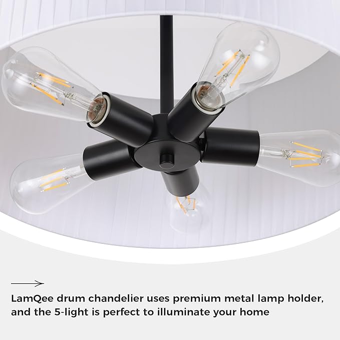 LamQee Modern Large Drum Chandelier, 2-Tire 23.6inch Ceiling Hanging Light Fixture 5-Light Black Semi Flush Mount Pendant Light for Dining Room Living Room Bedroom Kitchen Island