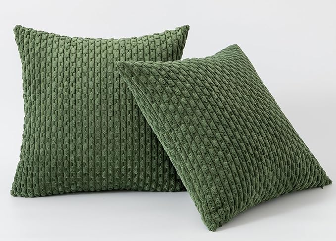 Kevin Textile Throw Pillow Covers Soft Corduroy Decorative Set of 2 Boho Striped Pillow Covers Pillowcases Farmhouse Home Decor for Couch Bed Sofa Living Room 20x20 Inch Moss Green