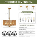 20“ Hand-Woven Rattan Chandelier Vintage Farmhouse Boho Bamboo Golden Chandelier Light Fixture Retro Drum Wicker Gold Chandeliers for Dining Room, Kitchen Island, Living Room