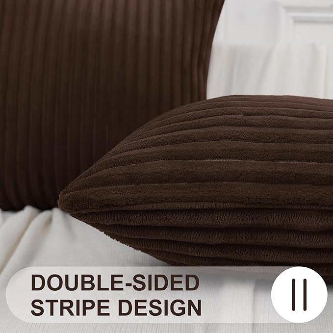 Simmore Decorative Throw Pillow Covers 22x22 Set of 2, Soft Natural Plush Flannel Double-Sided Fluffy Couch Pillow Covers for Sofa Living Room, Brown