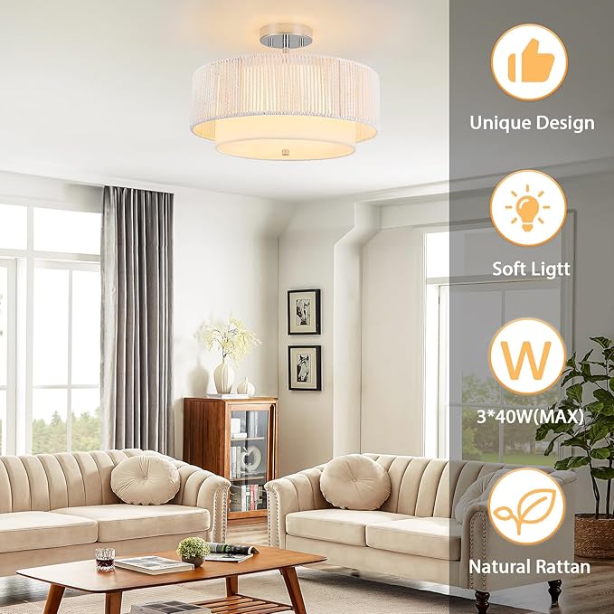 SineRise 16'' Rattan Flush Mount Ceiling Light Fixture,2-Tier Drum Hand-Woven Boho Flush Mount Ceiling Light,Farmhouse Light Fixture for Living Room,Kitchen,Bedroom Foyer Entryway ect.（White）
