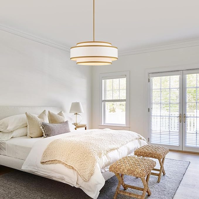 19.7" Gold Drum Chandelier with White Linen Lampshade 4-Light Modern Farmhouse Chandelier Light Fixture for Dining Room, Kitchen Island, Foyer Entryway Bedroom