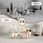 Makeup Organizer Countertop for Vanity, Rotating Perfume Tray with 5-compartment Cosmetic and Skincare Organizers, Multi-Purpose Desk Storage Makeup Brush Holder for Bathroom Bedroom Counter