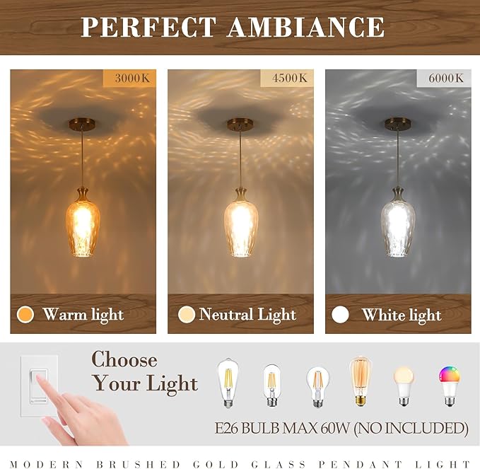 Glass Pendant Lights Kitchen Island 2 Pack, Gold Vintage Pendant Light Fixtures with Hand-Blown Hammered Amber Glass, Farmhouse Modern Brass Hanging Light for Kitchen Sink Dining Room Bedroom