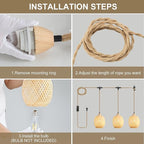 3-Light Bamboo Plug in Pendant Light with Switch, Boho Hanging Lights, 15ft Hand Woven Cord, for Bedroom Kitchen Island Farmhouse, ETL Listed