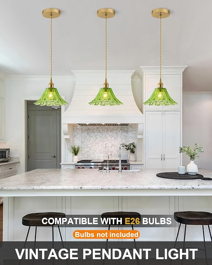 Vintage Glass Pendant Light，Green Flower Ceiling Pendant Light，Gold Adjustable Hanging Wire for Kitchen Island Dining Room Bedroom Hallway (9Inch - Green(B))