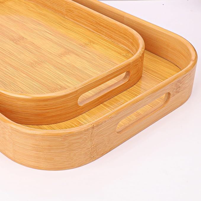 2 Pack Bamboo Serving Trays with Handles, Rectangular Bamboo Trays for Serving Food, Tea, or Dining in Bed