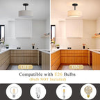 ALISADABOY Black Chandeliers with Lampshade Modern Chandelier 12.59 inches Contemporary 3 Light Semi Flush Mount Ceiling Light Drum Light Fixture for Kitchen Entryway Closet Hallway Bedroom