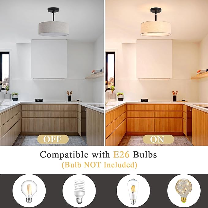 ALISADABOY Black Chandeliers with Lampshade Modern Chandelier 12.59 inches Contemporary 3 Light Semi Flush Mount Ceiling Light Drum Light Fixture for Kitchen Entryway Closet Hallway Bedroom