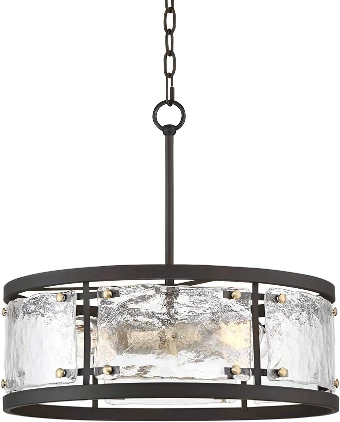 Possini Euro Design Bronze Pendant Light - 4 Light, Clear Waterglass Drum Shade, Bronze Brass Rustic Modern Pendant Light for Kitchen Islands, Dining Rooms, and Living Rooms - 19" Wide, 18 1/4" High