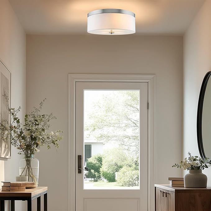 Kira Home Walker 15" Mid-Century Modern 3-Light Flush Mount Ceiling Light, White Fabric Shade + Round Glass Diffuser, Brushed Nickel Finish