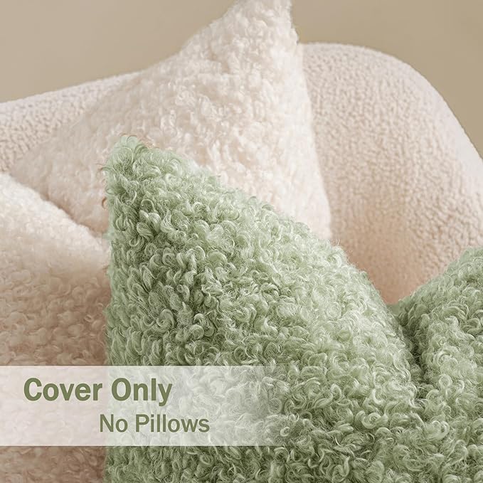 MIULEE Pack of 2 Light Green Faux Fur Throw Pillow Covers 18x18 Inch Boucle Decorative Sherpa Pillow Covers Fuzzy Accent Soft Sheepskin Fleece for Boho Home Decor Sofa Living Room Couch Bed