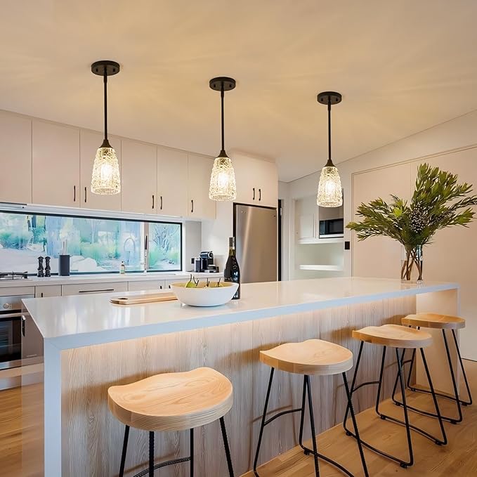 Glass Pendant Lights Kitchen Island, 1-Light Modern Black Pendant Light Fixtures with Hammered Clear Glass and Rods, Farmhouse Mini Hanging Light for Kitchen Sink Dining Room Bedroom, E26