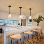 Glass Pendant Lights Kitchen Island, 1-Light Modern Black Pendant Light Fixtures with Hammered Clear Glass and Rods, Farmhouse Mini Hanging Light for Kitchen Sink Dining Room Bedroom, E26