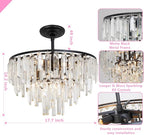 Black Modern Round Top K9 Crystal Chandelier Lighting Fixture, 6 Lights Round K9 Crystal Adjustable Hanging Lamp for Dining Room Bedroom Living Room,Hallway,Bar,Kitchen W17'