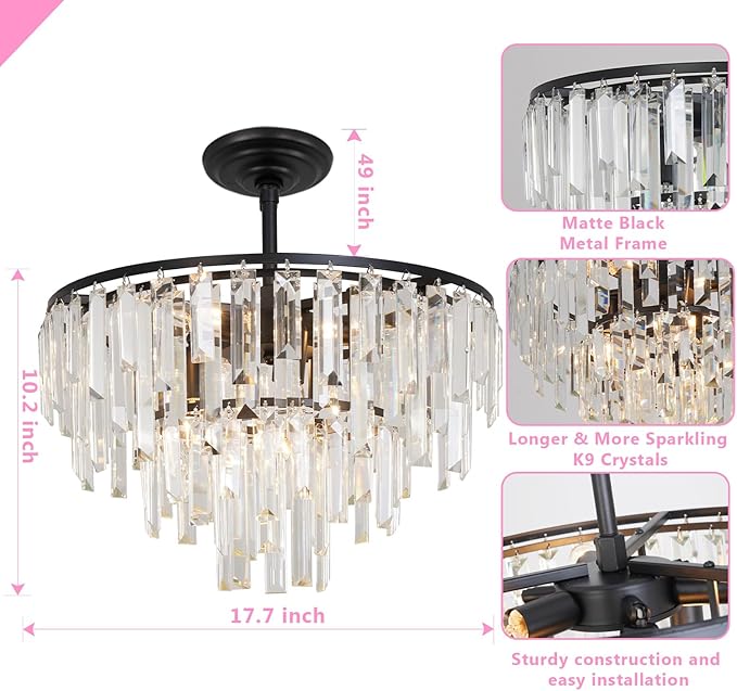 Black Modern Round Top K9 Crystal Chandelier Lighting Fixture, 6 Lights Round K9 Crystal Adjustable Hanging Lamp for Dining Room Bedroom Living Room,Hallway,Bar,Kitchen W17'