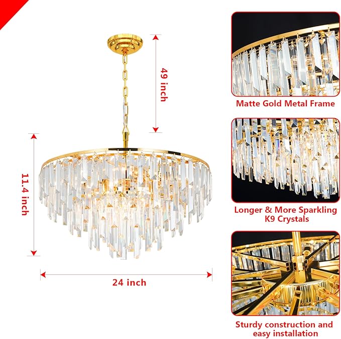 Gold Modern Round Top K9 Crystal Chandelier Lighting Fixture, 8 Lights Round K9 Crystal Adjustable Hanging Lamp for Dining Room Bedroom Living Room,Hallway,Bar,Kitchen W24''