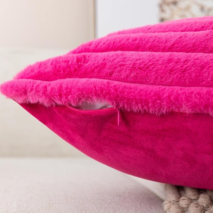ZLINA Set of 2 Hot Pink Faux Fur Decorative Throw Pillow Covers Fluffy Striped Pillowcase Cushion Covers 20 x 20 Inch Decor Sofa Couch Bedroom