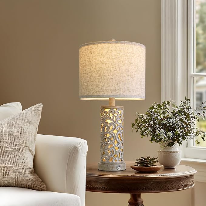 22" Dual Light Table Lamps Set of 2, Touch Lamp with 3-Level Dimming, Lamps for Bedroom with USB A+C Charging Ports, Farmhouse Lamps for Living Room and Night Stands
