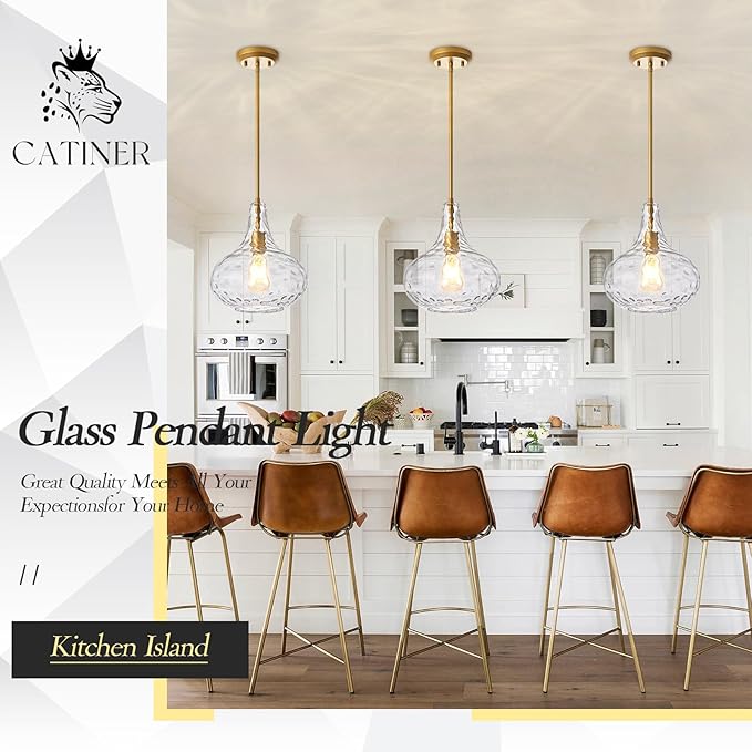 11" Clear Glass Pendant Light – Large Hand-Blown Glass Shade with Hammered Texture and Gold Finish, Adjustable Ceiling Hanging Light for Kitchen Island, Dining Room, Hallway, Living Room