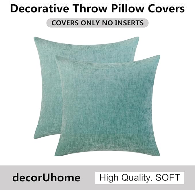 decorUhome Chenille Aqua Haze Throw Pillow Covers 24x24 Inch Set of 2, Decorative Soft Couch Pillow Covers Solid Dyed Accent Velvet Farmhouse Neutral Square Pillow Cases for Sofa Bed Living Room