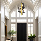 Wellmet Black Gold Chandelier Light，6-Light Brass Geometric Chandeliers for Dining Room, Modern Pendant Lighting Fixture Hanging for Foyer Kitchen Island Entryway, Metal Frame with Glass Shade
