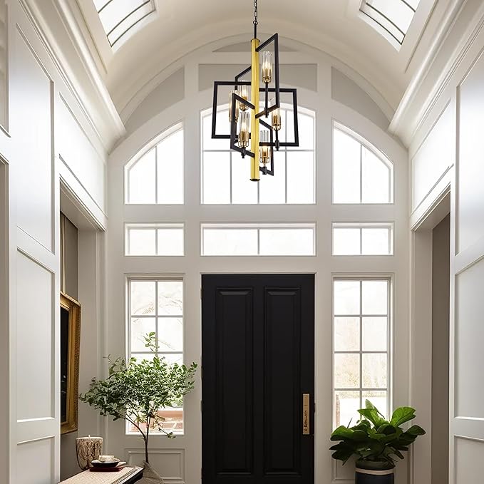 Wellmet Black Gold Chandelier Light，6-Light Brass Geometric Chandeliers for Dining Room, Modern Pendant Lighting Fixture Hanging for Foyer Kitchen Island Entryway, Metal Frame with Glass Shade