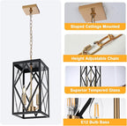 3-Light Outdoor Pendant Lights for Porch 15.7'' Outdoor Chandelier Black & Brushed Brass Exterior Hanging Porch Light Fixtures w/Clear Glass, Waterproof Outside Pendant Lantern for Front Door