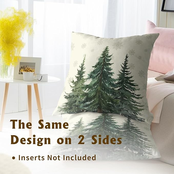 Pine Tree Forest Pillow Covers 22x22 Set of 2, Snow Green Fir Cedar Trees Beige Throw Pillowcase Winter Farmhouse Decorative Cushion Case for Couch Sofa Bed Home Outdoor