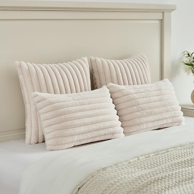 FUTEI Beige Striped Decorative Throw Pillow Covers 20x20 Inch Set of 2,Square Winter Decorations Couch Pillow Case,Soft Cozy Faux Rabbit Fur & Velvet Back,Modern Home Decor for Bed