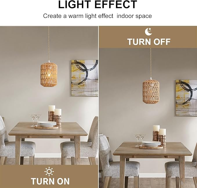 2-Light Rattan Pendant Light, Boho Light Fixture for Dining Room, Small Wicker Light Fixture, Rattan Chandelier Woven Hanging Light, for Kitchen Island Bedroom Hallway, ETL Listed