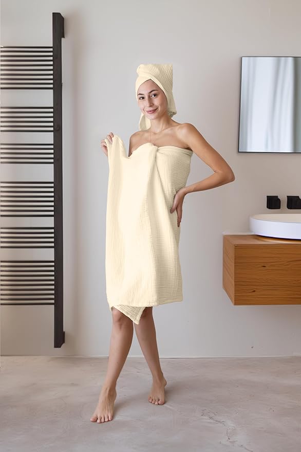 Ultra Soft Muslin Towel Adult Set, 100% Turkish Cotton 4-Layer 2 Pieces Luxury Muslin Hand & Bath Towels Sets for Bathroom (Natural, 1 Bath & 1 Hand Towel Set)