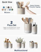 LE TAUCI Utensil Holder, 7.3"+5.4" Ceramic Kitchen Utensil Holder for Countertop, Large Cooking Utensil Crocks for Kitchen Counter, Morden Utensil Organizer for Spatula, Set of 2, Glaze Marble Gray