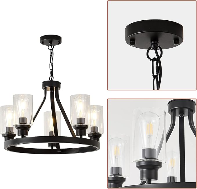 Farmhouse Chandelier Lighting Round 5 Lights Black with Glass Shade Ceiling Hanging Vintage Rustic Light Fixture for Dining Room Living Room Foyer Porch Kitchen Island