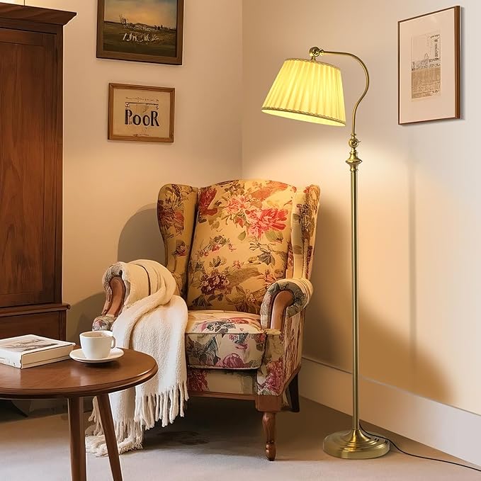Gold Brass Floor Lamp with Fabric Shade,12W Smart Remote and Bluetooth Dimmable, Standing Lamps for Living Room Bedroom Farmhouse Office,Mid Century Rustic Vintage Antique Boho Tall Reading Light